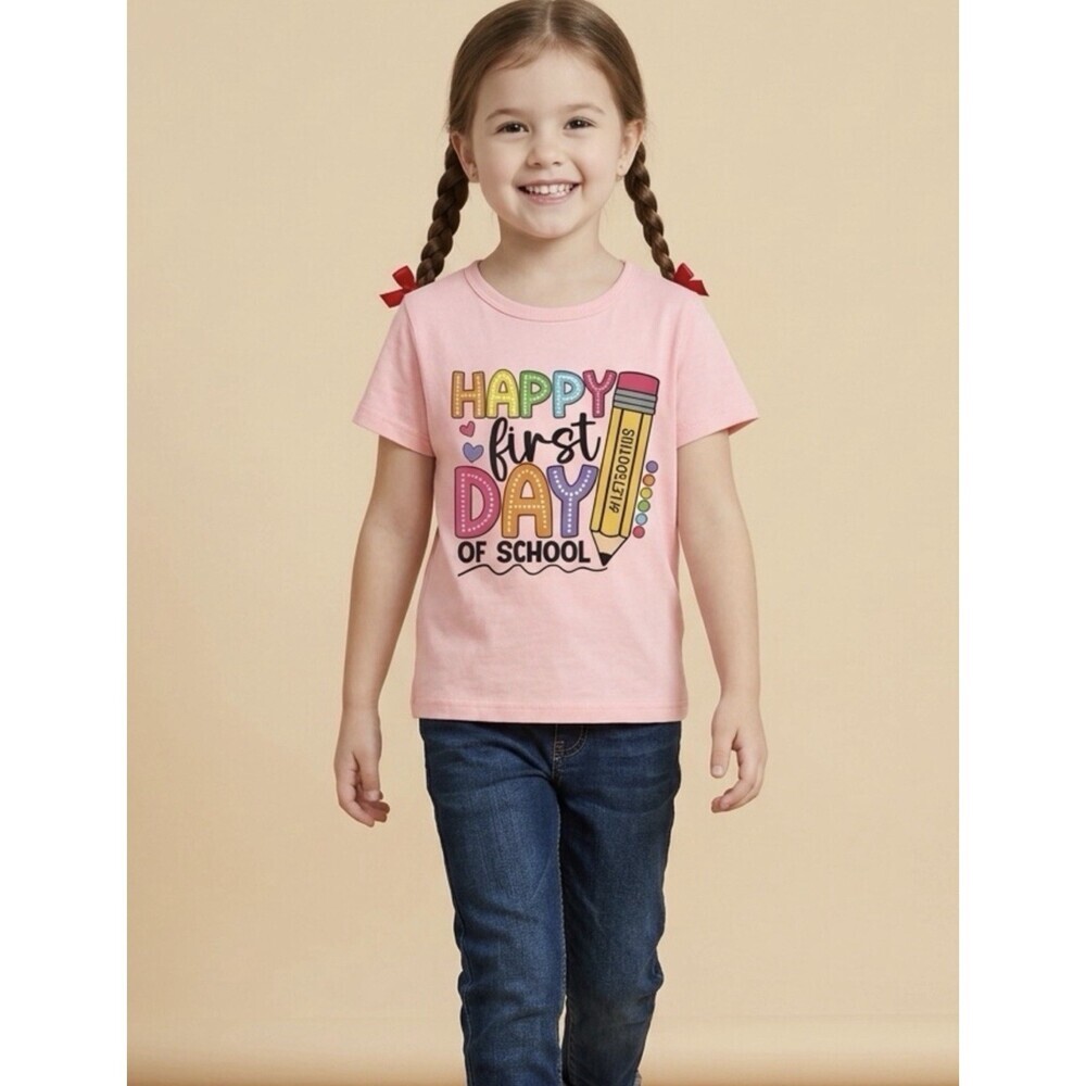 NWT Girls Pink Short Sleeve Tee Shirt Happy First Day Of School” - Size 6/7
